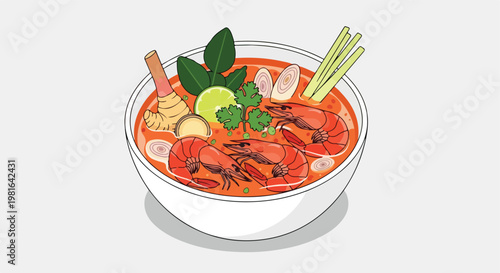 A bowl of hot and spicy Thai shrimp tom yum soup with herbs and lime garnish