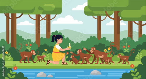 A cartoon girl kneels by a stream in a forest, feeding a group of wild monkeys