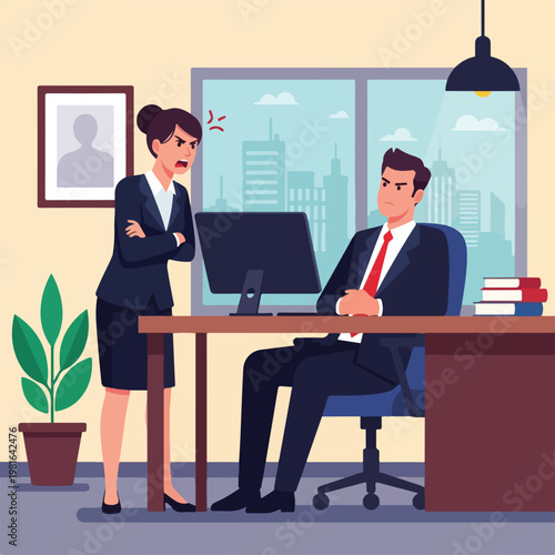 An angry female boss stands over a frustrated male employee sitting at his desk