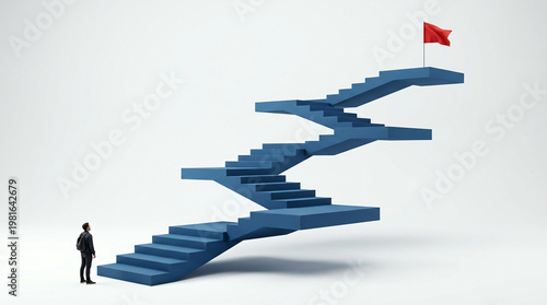 Businessman looking at a zigzag staircase with a red flag on top isolated on transparent background