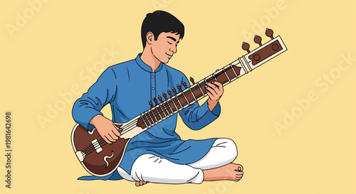 A young man sitting cross-legged while playing a traditional Indian string instrument