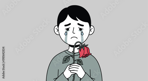 A crying boy holds a wilting red rose, expressing deep sadness and heartbreak