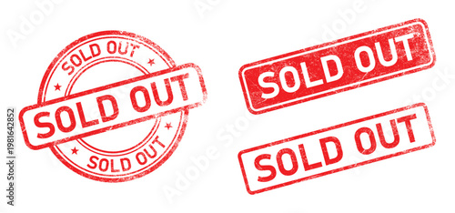 red sold out rubber stamp collection with grunge texture round and rectangular vector design