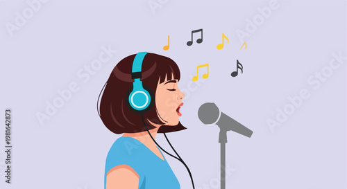 A young woman with short brown hair singing into a microphone wearing headphones