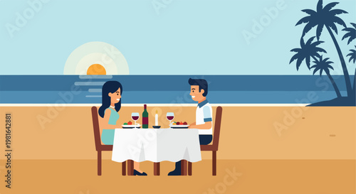 A couple dining at a table on a sandy beach during a calm, scenic sunset view