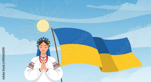 Ukrainian woman in traditional clothing praying next to the national flag symbolizing hope and peace under a sunny sky