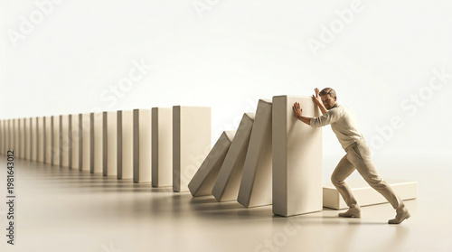man pushing large falling domino isolated on transparent background