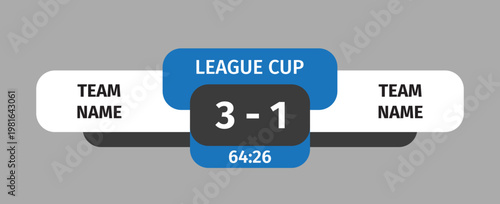 Live football scoreboard template 3-1 with timer, league cup broadcast overlay design. Modern sports graphic with clean layout, team name placeholders, editable UI for soccer media and presentation