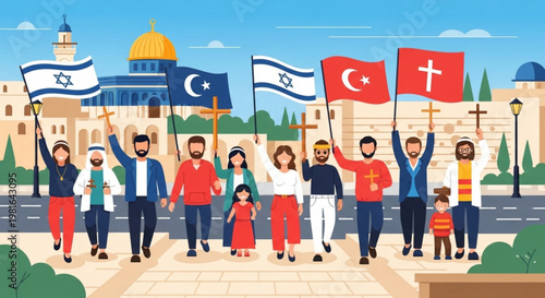 Diverse group of people holding religious flags and symbols representing interfaith dialogue and unity in Jerusalem illustration