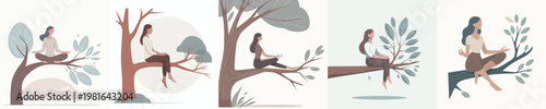 vector of woman sitting relaxing on a tree