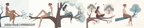 vector of woman sitting relaxing on a tree