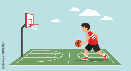 A young boy in a red jersey dribbling a basketball on an outdoor court surface (1)
