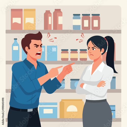 An angry man pointing at a woman with arms crossed in a grocery store aisle