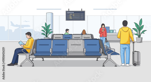 People waiting in airport terminal lounge with departure board and airplane