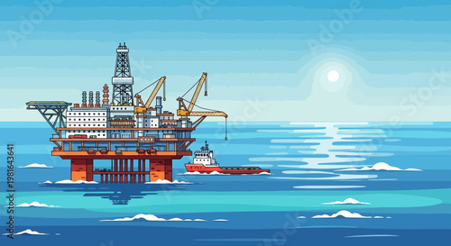 Pixel art oil rig platform in the ocean with a supply boat, blue sky and sun
