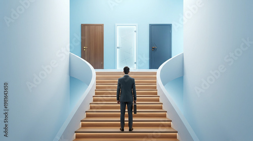 Businessman standing on stairs looking at multiple doors isolated on transparent background
