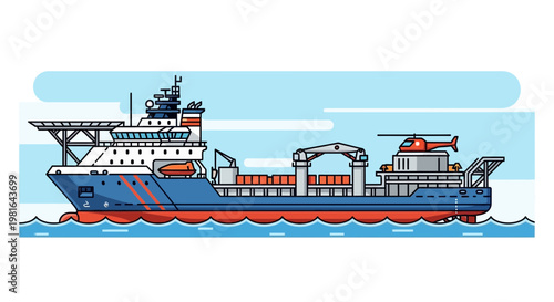 Offshore Supply Vessel with Helicopter and Crane in Ocean
