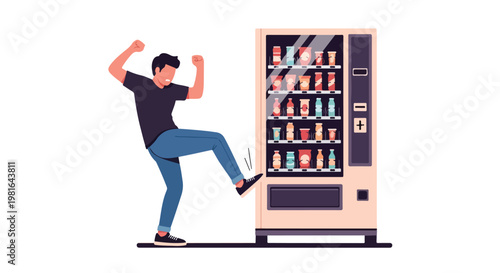 A frustrated man kicks a vending machine after his snack or drink gets stuck