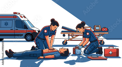 Paramedics Performing CPR and Defibrillation on Patient Outside Ambulance