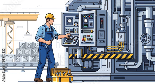 Industrial mechanic operating complex machinery control panel in a factory setting.