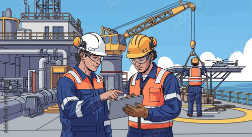 Offshore workers in hard hats inspect tablet on oil rig deck with crane and helicopter