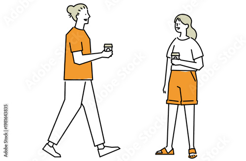 テイクアウトドリンクを片手に待ち合わせるす若いカップルの線画イラスト