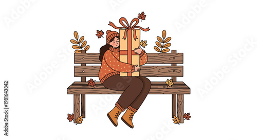 Illustration of a woman sitting on a park bench holding a gift box tied with a ribbon and surrounded by autumn leaves