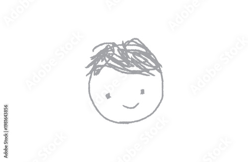Cute hand-drawn boy face in soft gray crayon rough sketch style, monochrome