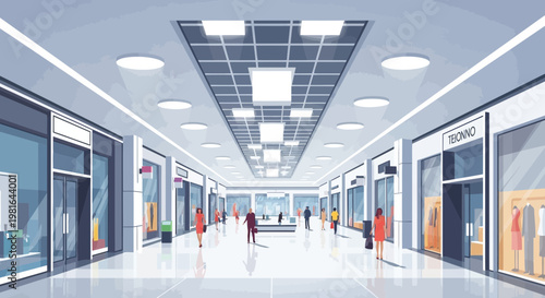 Modern Shopping Mall Interior with People and Storefronts - Wide Angle View
