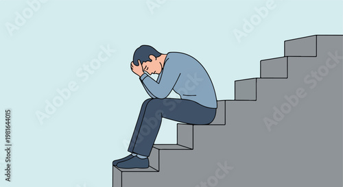 A sad man sits alone on steps with his head in his hands, feeling depressed