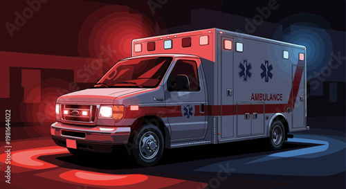 Ambulance with flashing lights on city street at night, emergency response vehicle