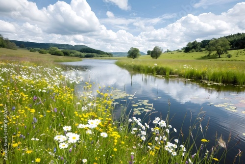 Wildflowers blooming by tranquil river in summer landscape