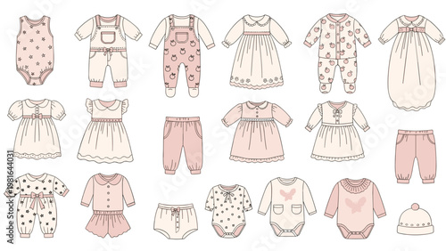 Large collection of cute baby clothing items like dresses, rompers, and hats in soft pink and cream colors with delicate patterns.