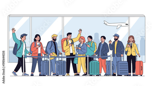 Diverse group of travelers standing in line with luggage at an airport terminal with a plane visible through the window.