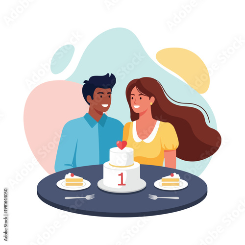 A happy couple sitting at a table with a first anniversary cake and two slices