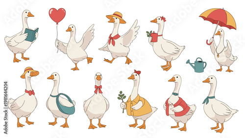 Whimsical illustrations of various white geese dressed in colorful human clothing and accessories like hats and scarves.