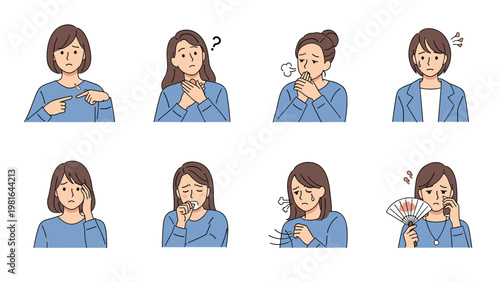 Illustration of a woman experiencing several different health symptoms and medical conditions including fever and pain.