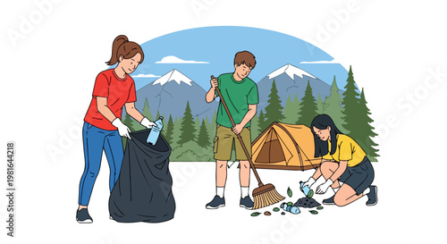 Three people cleaning trash and plastic bottles in a mountain camping forest area
