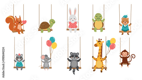 Adorable cartoon animals including a squirrel, rabbit, and giraffe enjoying themselves while sitting on wooden swings.