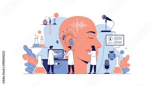 Team of medical researchers studying human hearing loss and testing advanced electronic hearing aid technology in a lab.