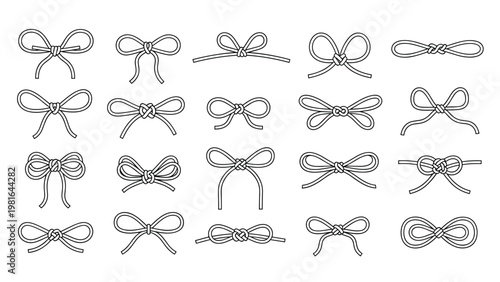 Selection of different hand drawn bow tie and knot styles shown in black and white outlines for graphic design elements.