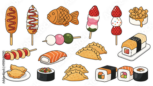 Assortment of popular Asian street foods including sushi rolls, dumplings, corn dogs, and sweet fruit skewers on sticks.