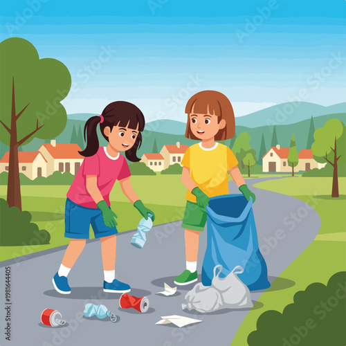 Two young girls in gloves clean litter from a suburban road into a blue bag