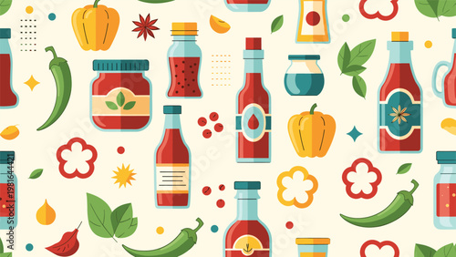 Seamless pattern of various food condiments and sauces including ketchup, mustard, and pepper in bottles and jars.