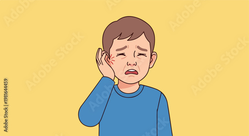 A distressed young boy holding his painful ear, crying on a yellow background