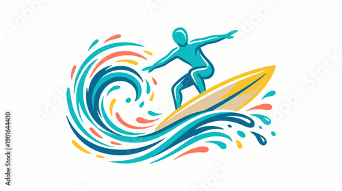 Surfer Riding Wave in a Vibrant Artistic Style