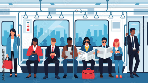 Diverse group of commuters sitting and standing inside a modern subway train car while using phones and reading newspapers.