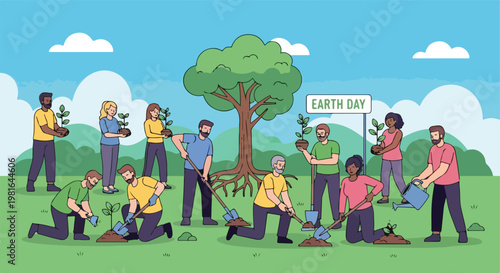 Diverse group of volunteers planting trees in a park for Earth Day celebration