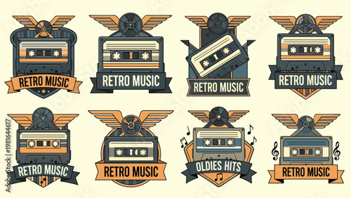 Set of vintage music badges featuring retro cassette tapes with wings and film reels celebrating old school hits and classic audio style.