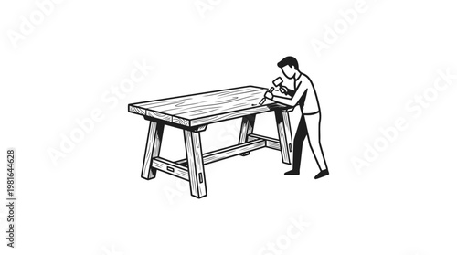 Woodworker Carving Wood Bench in Black and White